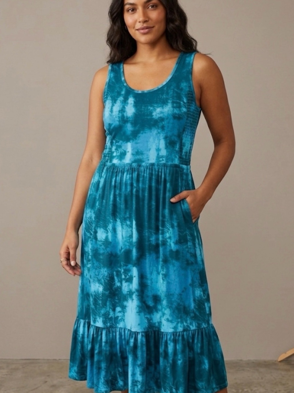 J Jason Wu Tie Dye Smocked Sleeveless Midi Dress M Teal Blue Pockets Ruffle Hem